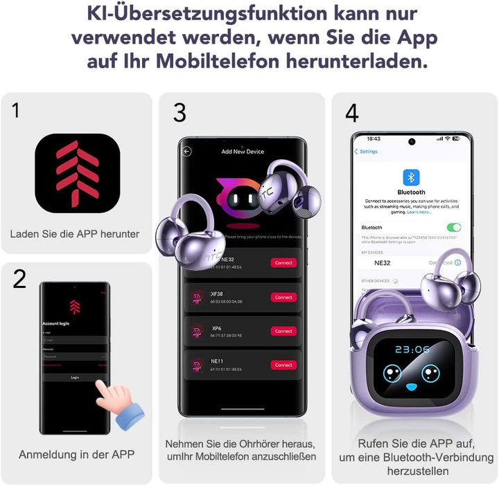 NE32 AI Kopfhörer Übersetzer,3-in-1 Echtzeit Übersetzungskopfhörer 136 Sprachen mit App,Echte drahtl