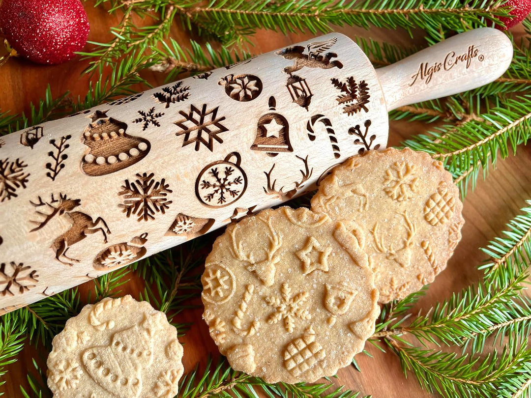WEIHNACHTSGESCHENKE Nudelholz mit Muster Weihnachten Backen - Teigroller Holz für DIY Weihnachten Pl