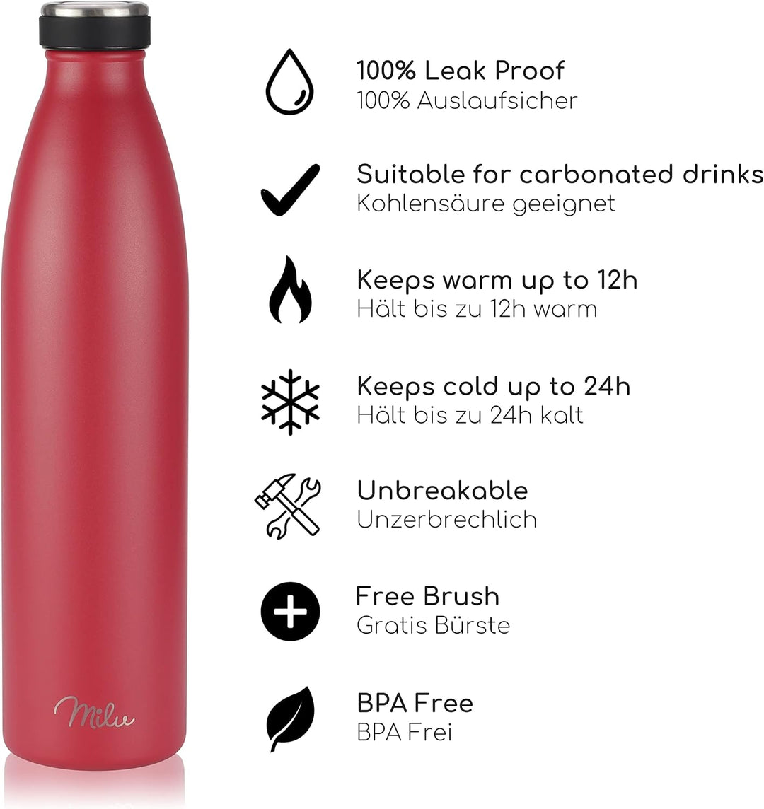 Milu Edelstahl Trinkflasche 350ml, 500ml, 750ml, 1000ml, 1.5L – Thermosflasche, Isolierte Wasserflas