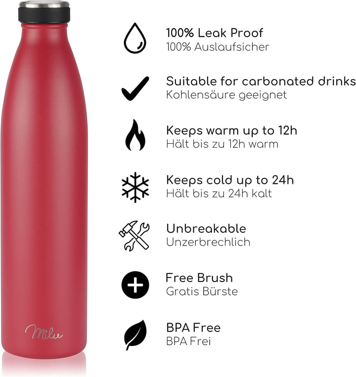 Milu Edelstahl Trinkflasche 350ml, 500ml, 750ml, 1000ml, 1.5L – Thermosflasche, Isolierte Wasserflas
