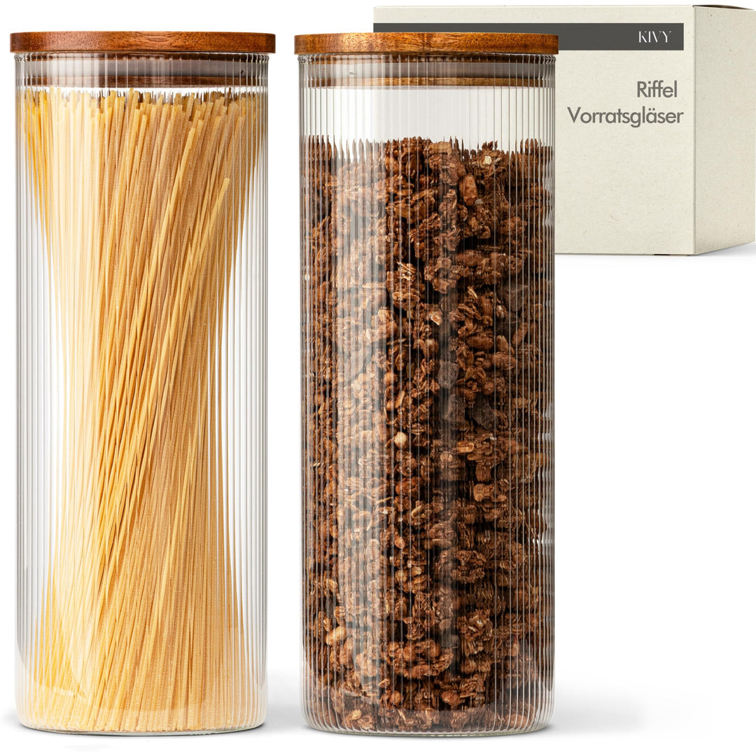KIVY Riffel Vorratsgläser mit Deckel Luftdicht - 2 x 1.8L - Für Spaghetti, Mehl, Müsli Aufbewahrung