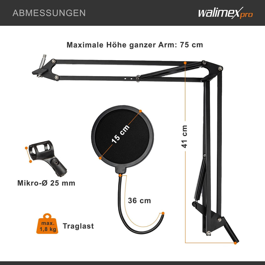 Walimex pro Mikrofon Arm mit 3/8" bis 5/8" Adapter, einstellbare Mikrofon Halterung mit Pop Schutz,