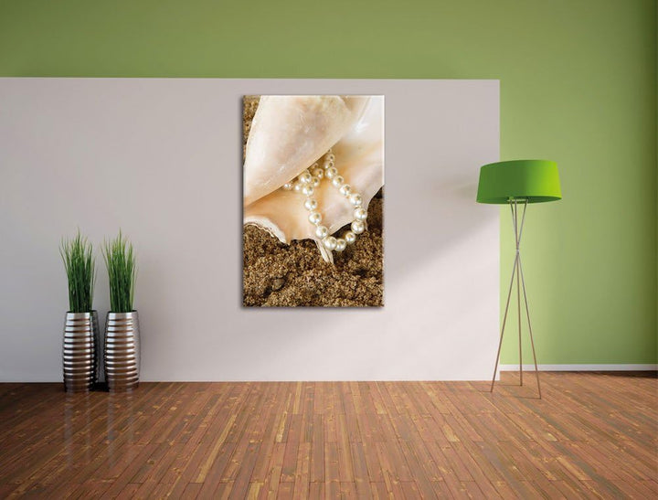 Pixxprint Muschel mit Perle Sand Strand / 100x70cm Leinwandbild bespannt auf Holzrahmen/Wandbild Kun