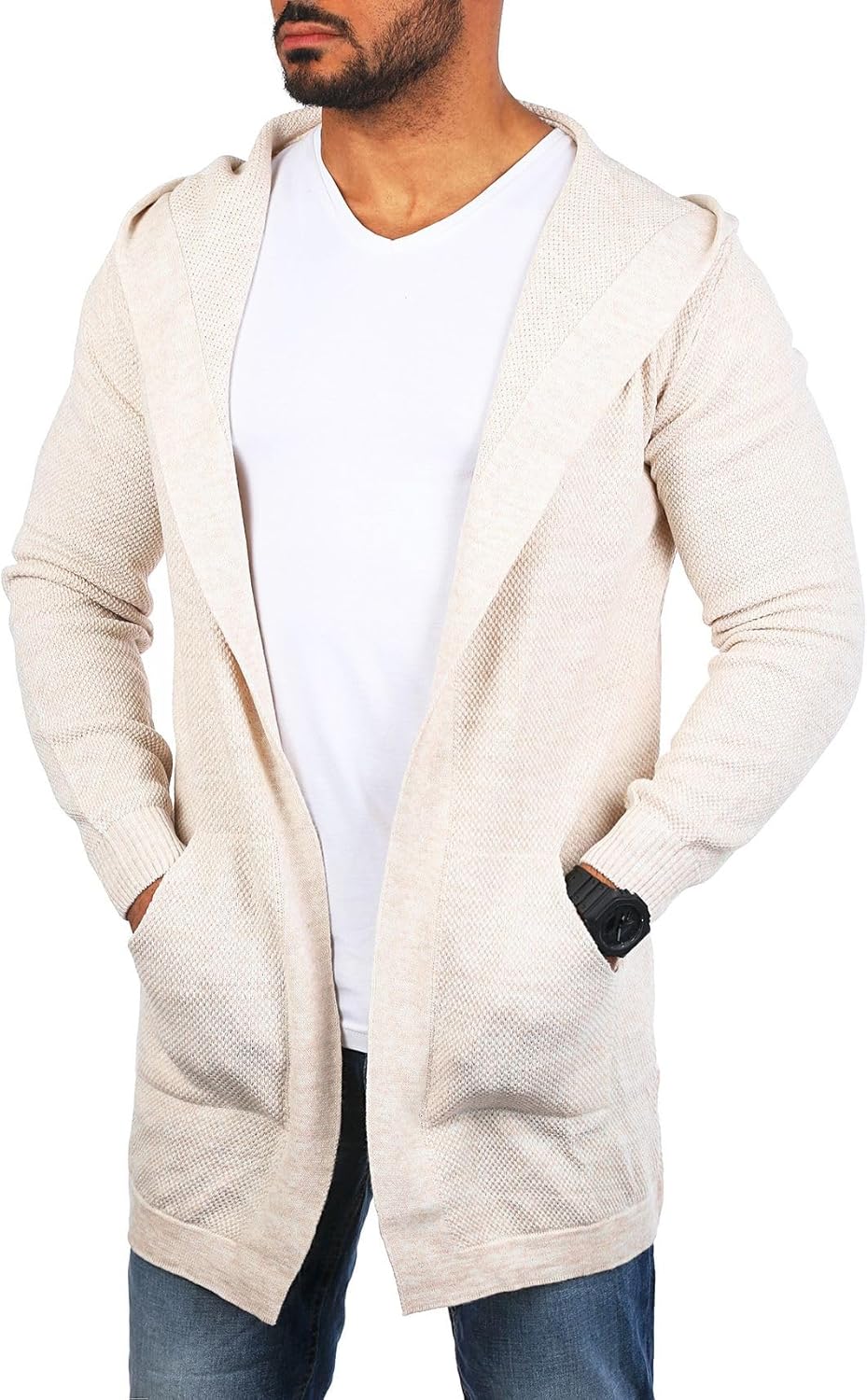 Carisma Herren Feinstrick Cardigan leichte Weste Strickjacke mit Kapuze Lange Passform Oversize Long