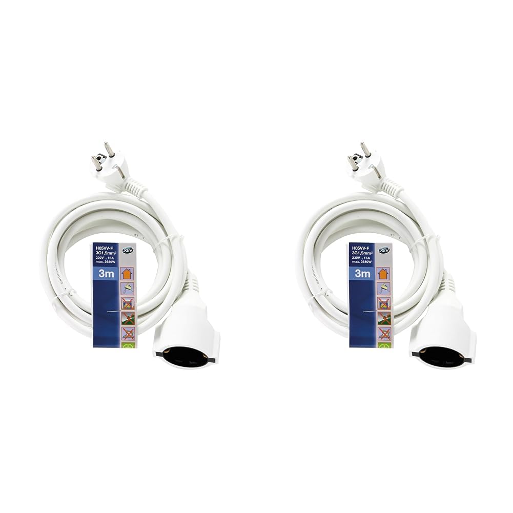 REV 0016030114 Verlängerung, Verlängerungskabel mit Winkelstecker 3m, 3680W, Weiss (Packung mit 2) W