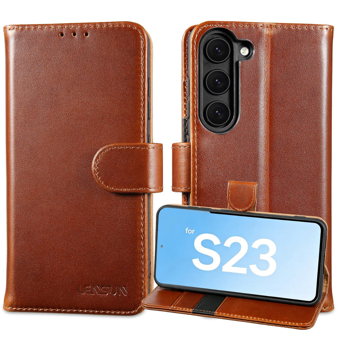 LENSUN Echtleder Hülle für Samsung Galaxy S23, Handyhülle [Echtes Leder] [Magnetverschluss] [RFID Sc
