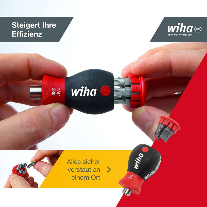 Wiha Schraubendreher Stubby mit Bit Magazin magnetisch (33736) I Schlitz, Kreuz I mit 6 Bits, 1/4" S