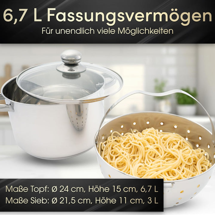 Beyond Nudeltopf 24 cm, Edelstahl Kochtopf mit Glasdeckel und herausnehmbarem Siebeinsatz, Pastatopf
