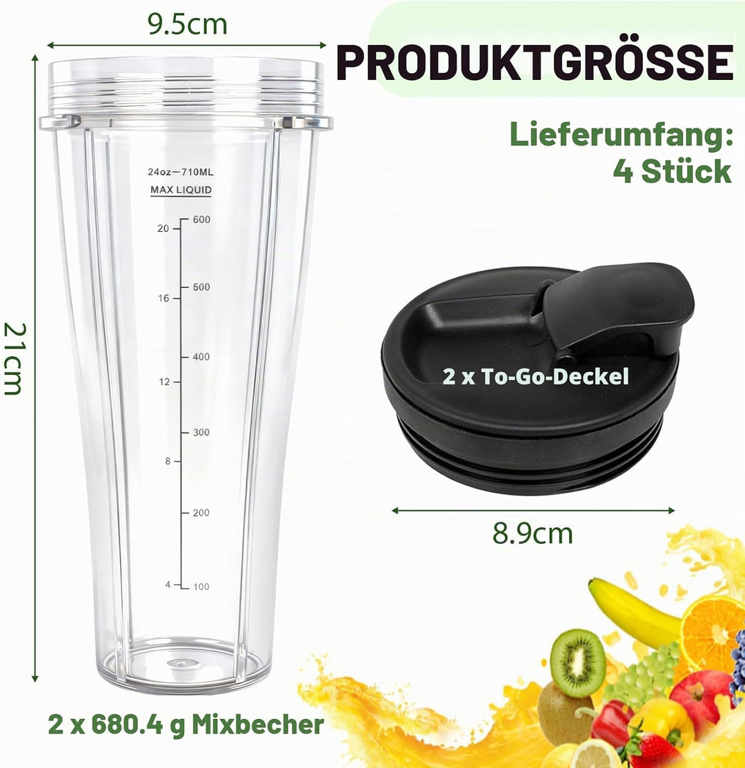 2er Pack 24oz Ersatzbecher kompatibel mit Ninja Blender – Smoothie Becher mit Deckel & Reinigungsbür