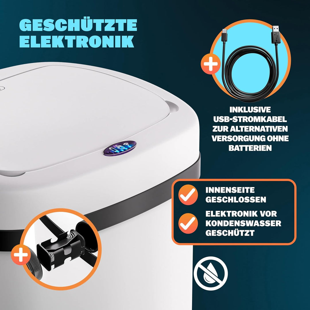 Monzana® Mülleimer mit Sensor Küche 50L Weiss Edelstahl Automatik Deckel Klemmring inkl. USB-Kabel S