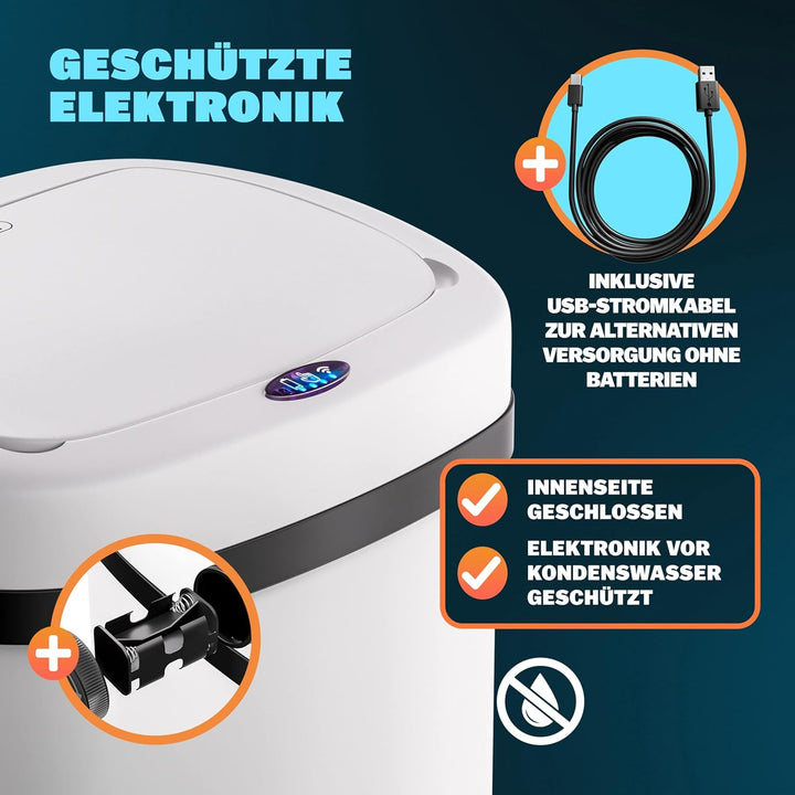 Monzana® Mülleimer mit Sensor Küche 50L Weiss Edelstahl Automatik Deckel Klemmring inkl. USB-Kabel S