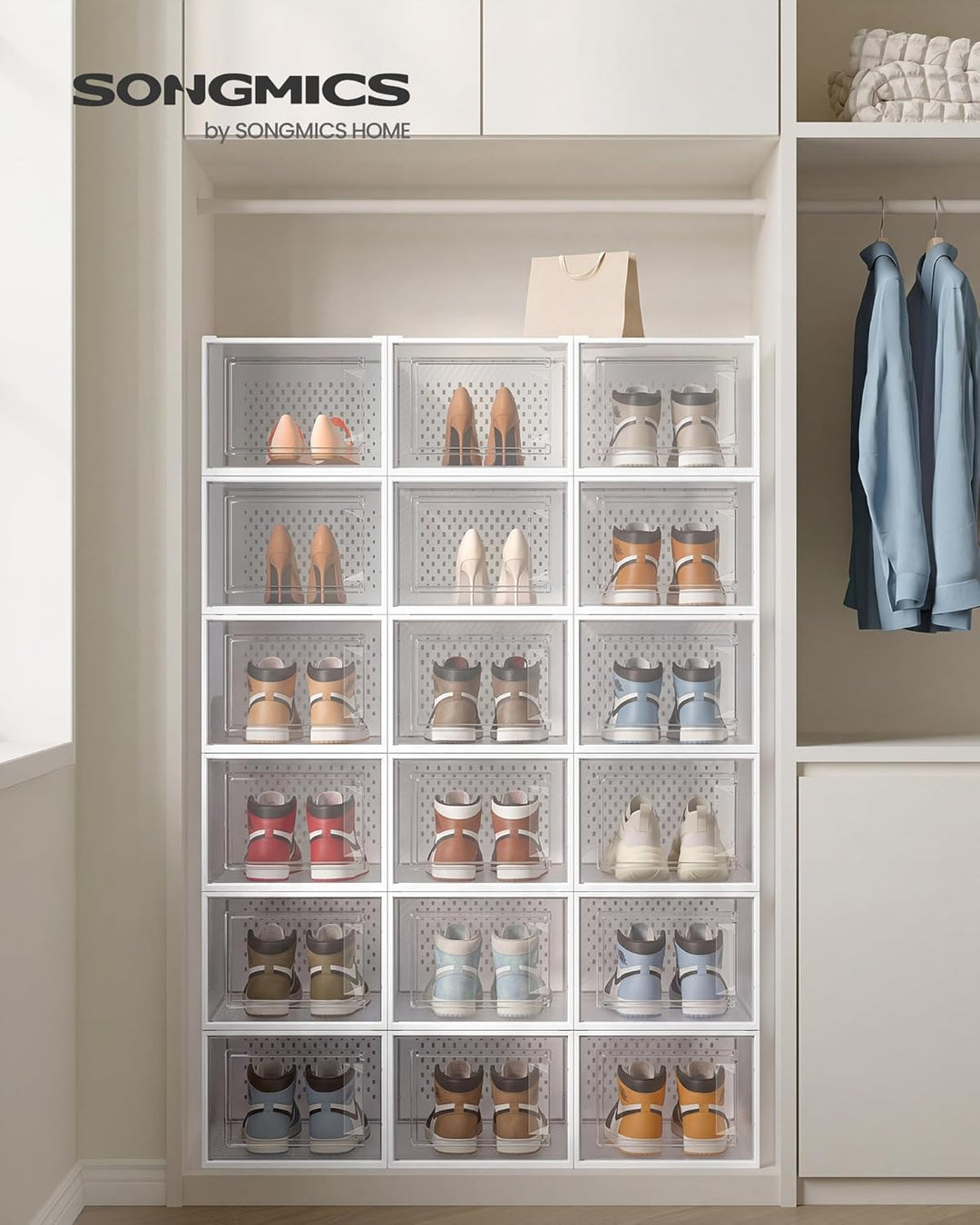 SONGMICS Schuhboxen, 18er Set, Aufbewahrungsboxen für Schuhe, Schuh-Organizer, Kunststoffboxen, falt