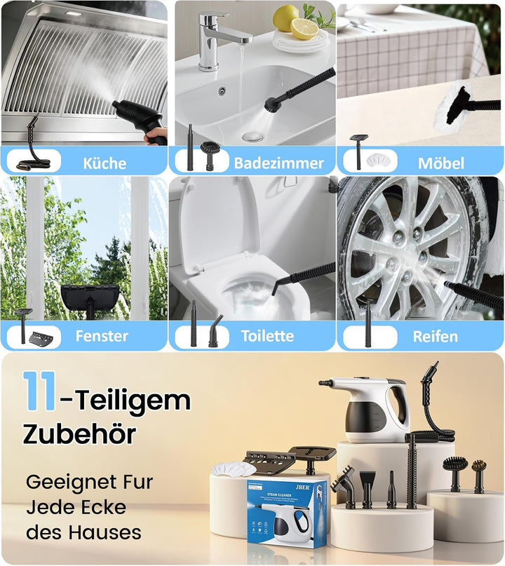 JBER Dampfreiniger Handgerät 1200W für Heim, 3 Sek.Aufheizzeit, 400ML Tank | Vielseitiger Dampfreini