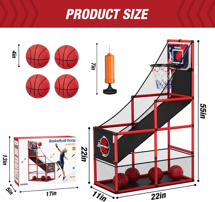 HYES Basketball Arcade Spiel, Kinder Basketballständer mit 4 Bällen, Single Shot Basketballkorb Indo