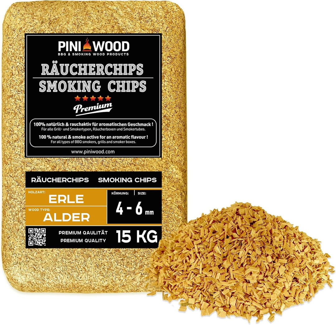 PINI 15 Kg Räucherchips Erle ohne Rinde 4-6 mm Smoking Chips Räucherspäne