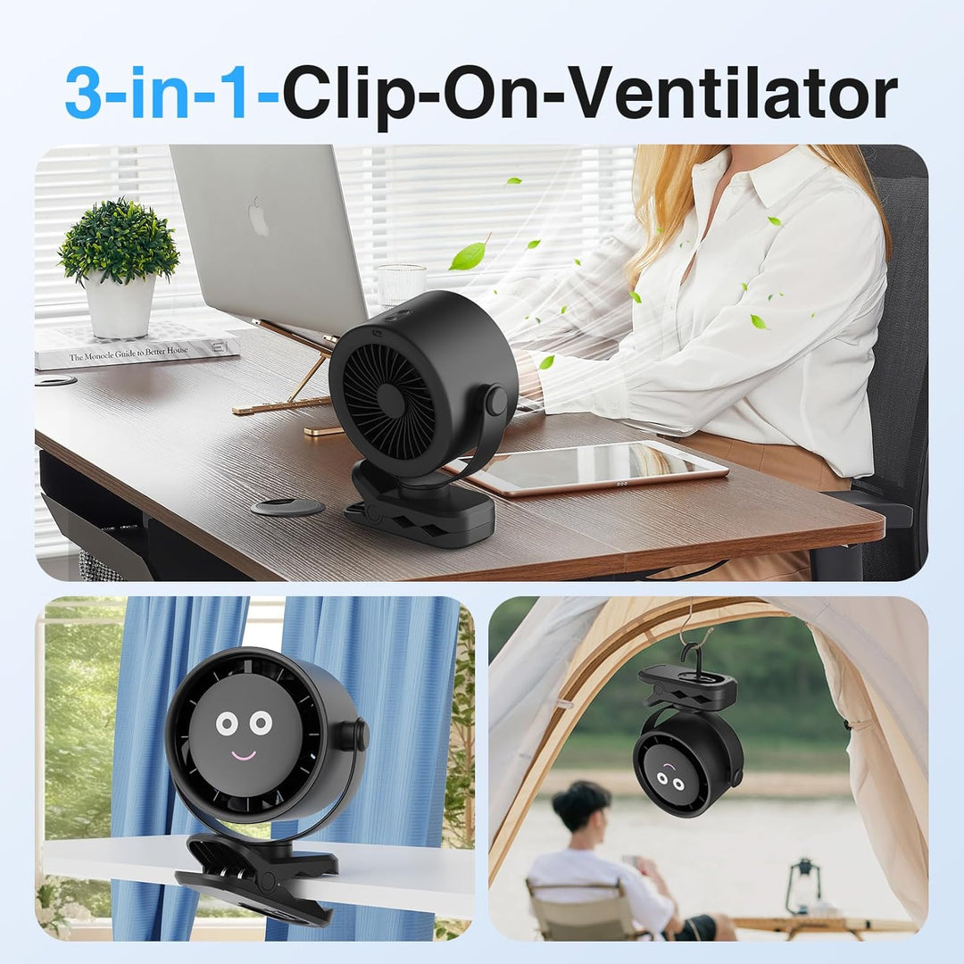 USB-C Wiederaufladbar Ventilator Leise - 3 in 1 Tischventilator mit LED-Display, 720° Gedreht Werden