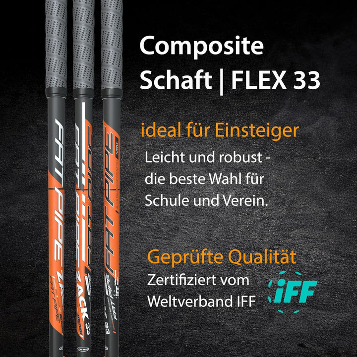 FAT PIPE Floorball Schläger Unihockey Stock 'Zack 33 Bone ORANGE' - IFF Zertifiziert Rechte Hand obe