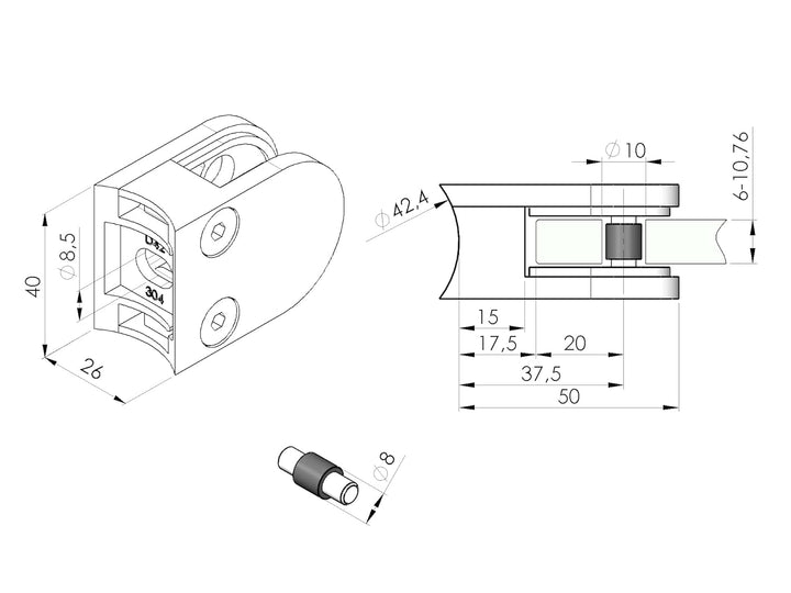 Sellon24® Glashalter 4 Stück Edelstahl Glasklemmen Klemmhalter für Geländer Balkon Rund V2A 40 x 50