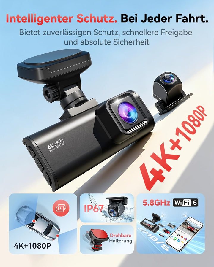 REDTIGER F7N 4K Dashcams mit WiFi GPS Front 4K/2.5K und hinten 1080P Dual Dash Kamera , 3.16" Displa