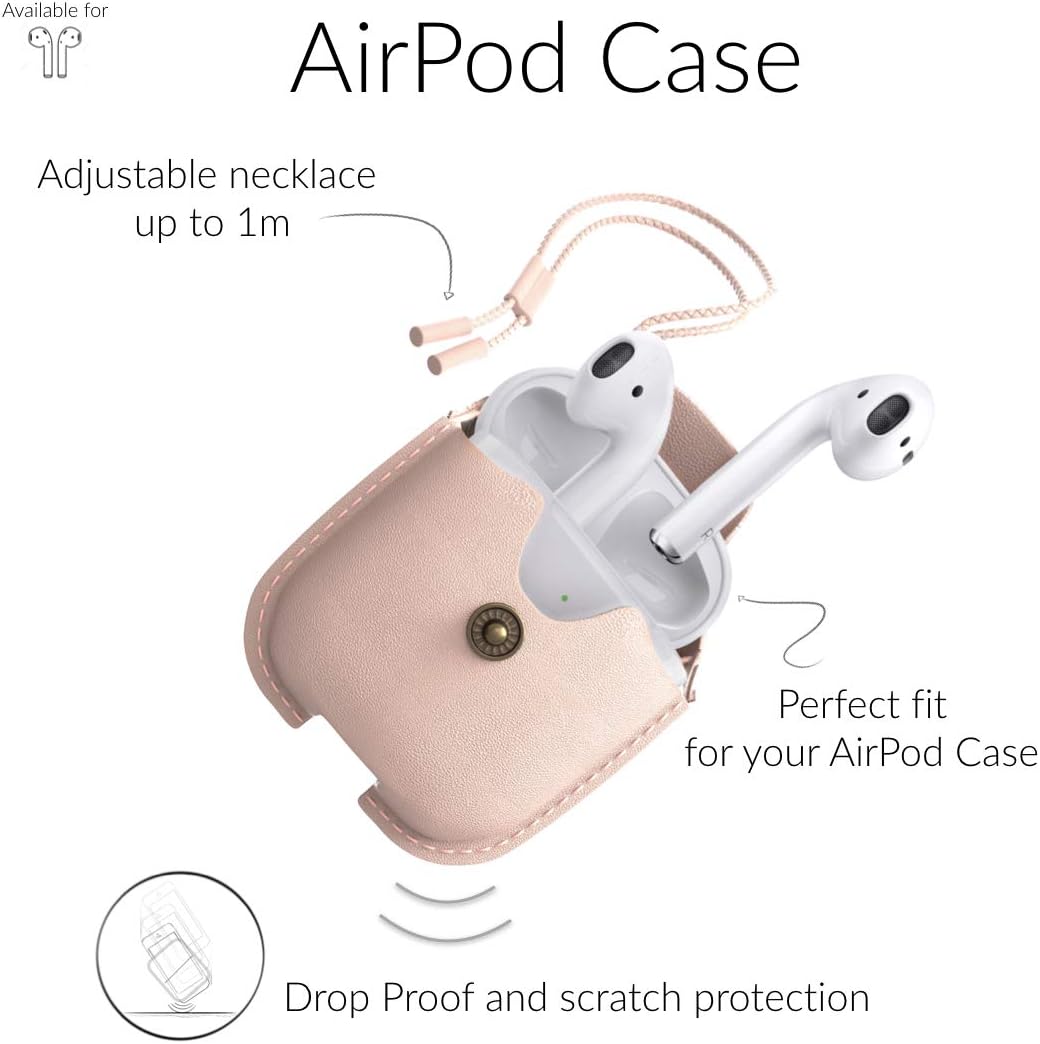 Woodcessories - AirPods 1 &amp; 2 Leder Hülle mit Halskette, AirCase (Rose Nude) AirPods 1 &amp; 2 Rosa, Air