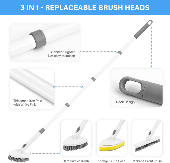 3 in 1 Schrubber mit Stiel, Scrubber Dusche Reinigungsbürste 130.81CM Abnehmbarer Langer Griff steif