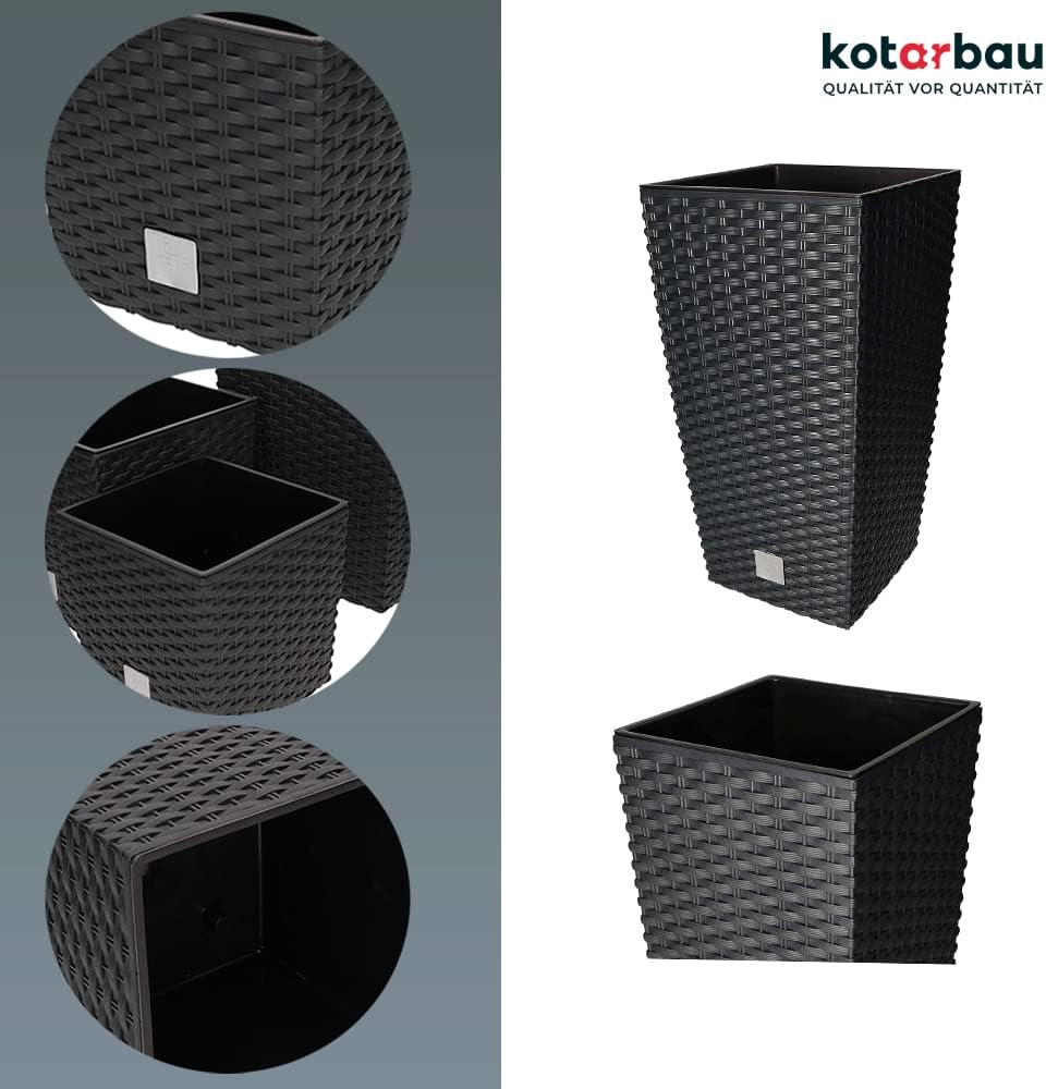 KOTARBAU® Blumentopf 200x200x376mm Rattandesign Quadratisch mit Innentopf Anthrazit, 200x200x376mm