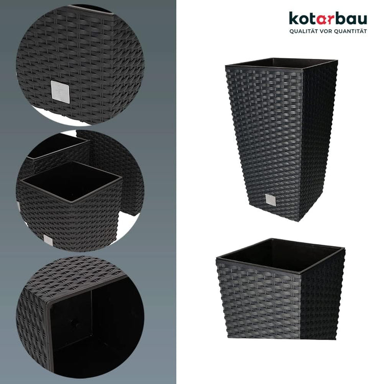 KOTARBAU® Blumentopf 200x200x376mm Rattandesign Quadratisch mit Innentopf Anthrazit, 200x200x376mm
