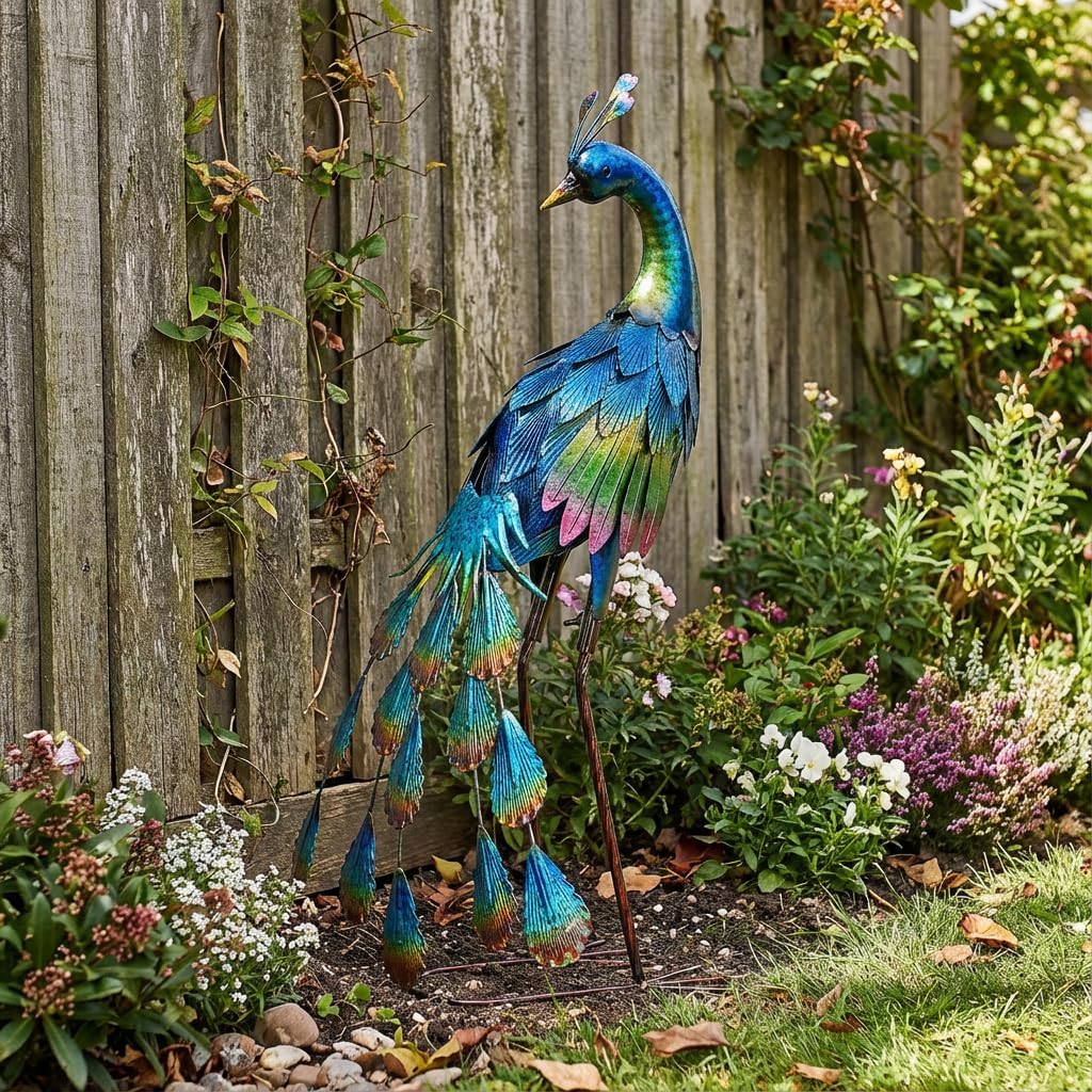 TERESA'S COLLECTIONS Gartenfigur für Aussen, Gartendeko für draussen, 57cm Metall Pfau Wetterfest Fi