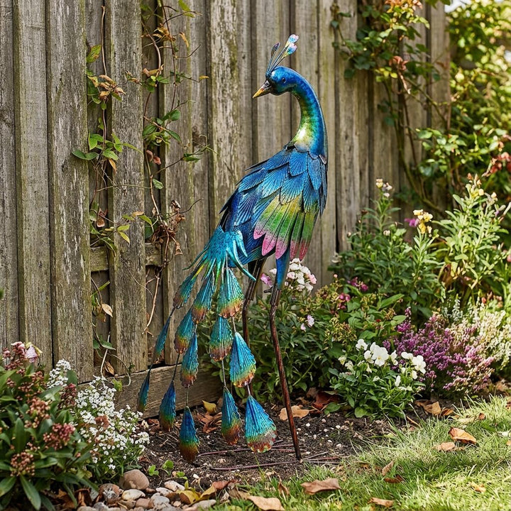 TERESA'S COLLECTIONS Gartenfigur für Aussen, Gartendeko für draussen, 57cm Metall Pfau Wetterfest Fi
