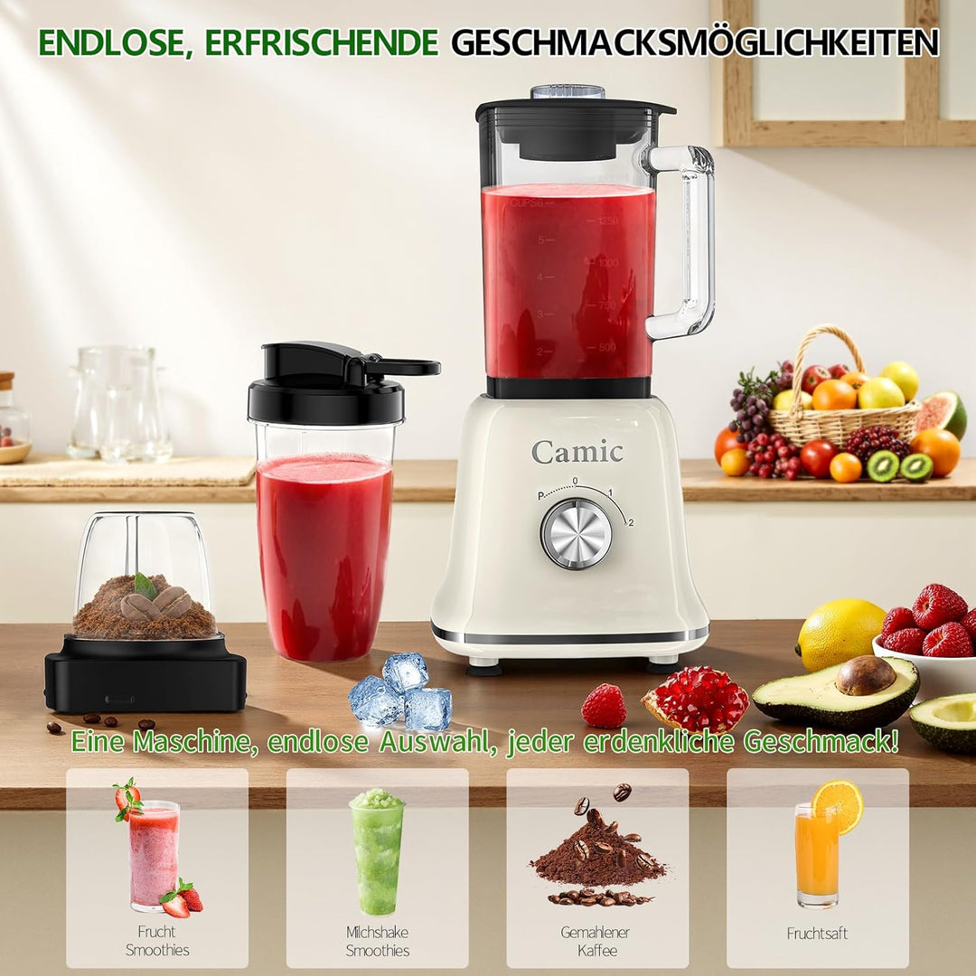 Camic Standmixer 1200W Hochleistungsmixer 3-in-1 mit 1,6L Glasbehälter Mixer & 400ml Reisebecher & 2