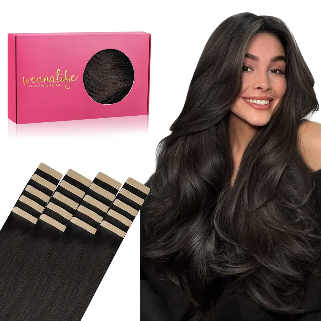 WENNALIFE Tape Extensions Echthaar, 20pcs 40g 30cm 12 Zoll Dunkel Braun Remy Invisible Tape Extensio