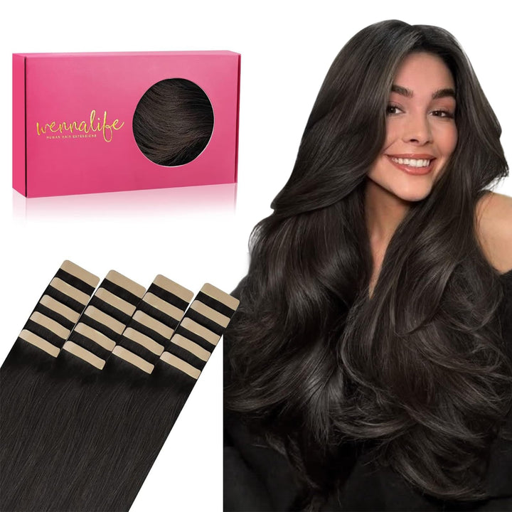 WENNALIFE Tape Extensions Echthaar, 20pcs 40g 30cm 12 Zoll Dunkel Braun Remy Invisible Tape Extensio