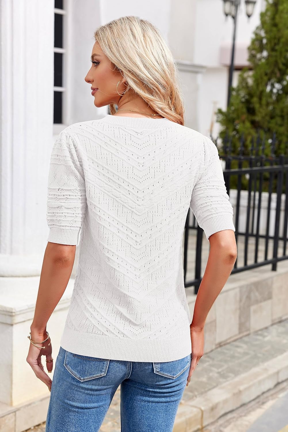 Runcati Damen Kurzarm Strickpullover Casual Rundhals Puffärmel Elegante Einfarbige Sweateshirt Pullo