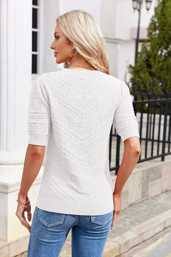 Runcati Damen Kurzarm Strickpullover Casual Rundhals Puffärmel Elegante Einfarbige Sweateshirt Pullo