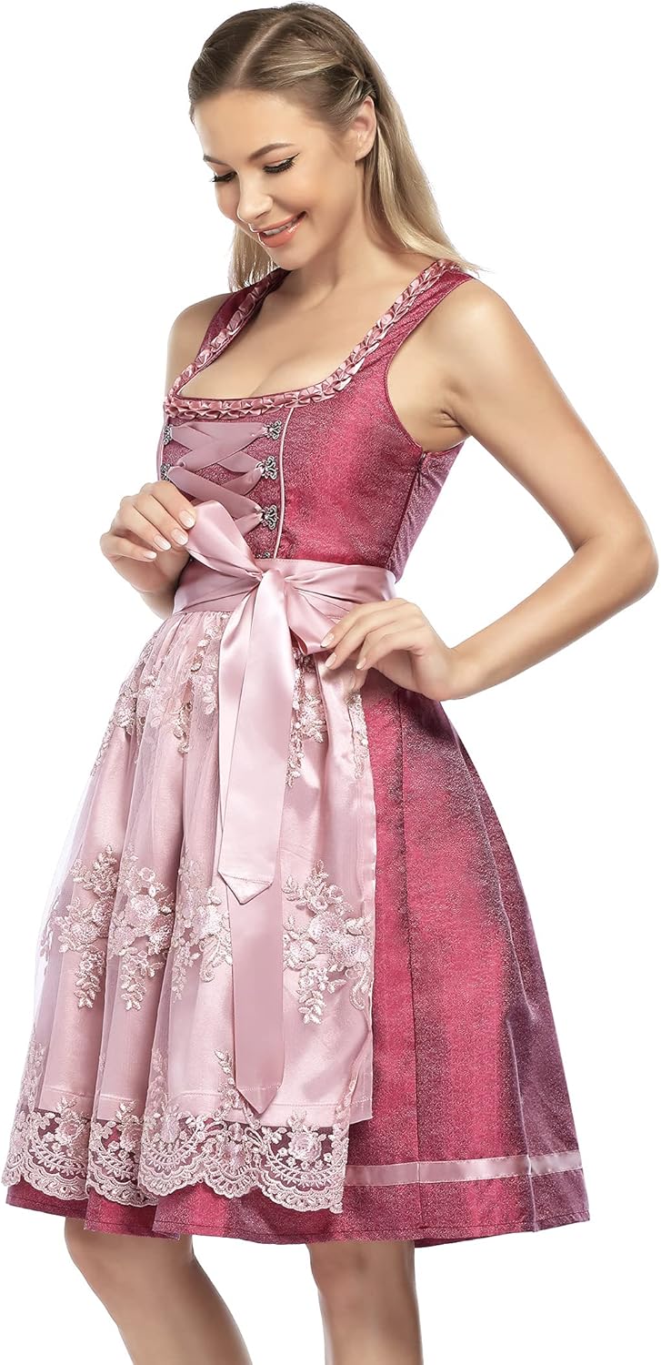 KOJOOIN Trachtenkleid Dirndl Kurz Damen Midi für Oktoberfest 3tlg.- DREI Teilig: Kleid, Bluse, Schür