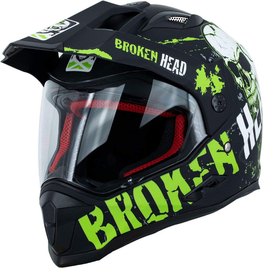 Broken Head Bone Crusher Motocross-Helm Grün mit Visier - Enduro MX Cross-Helm - Motorradhelm mit So