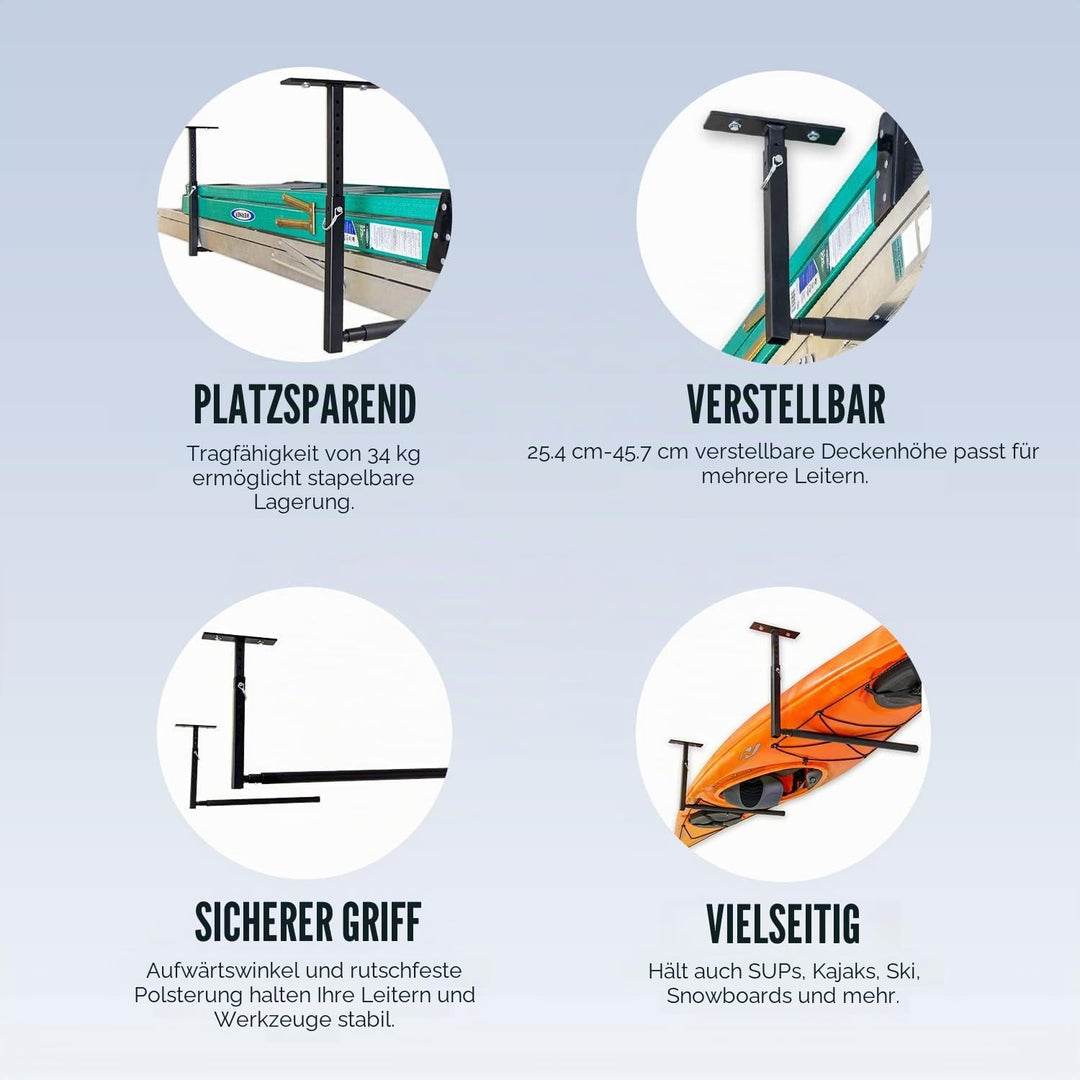 StoreYourBoard Verstellbare Leiter Deckenregal, Garagenaufbewahrung, Klappleitern, Verlängerungsleit
