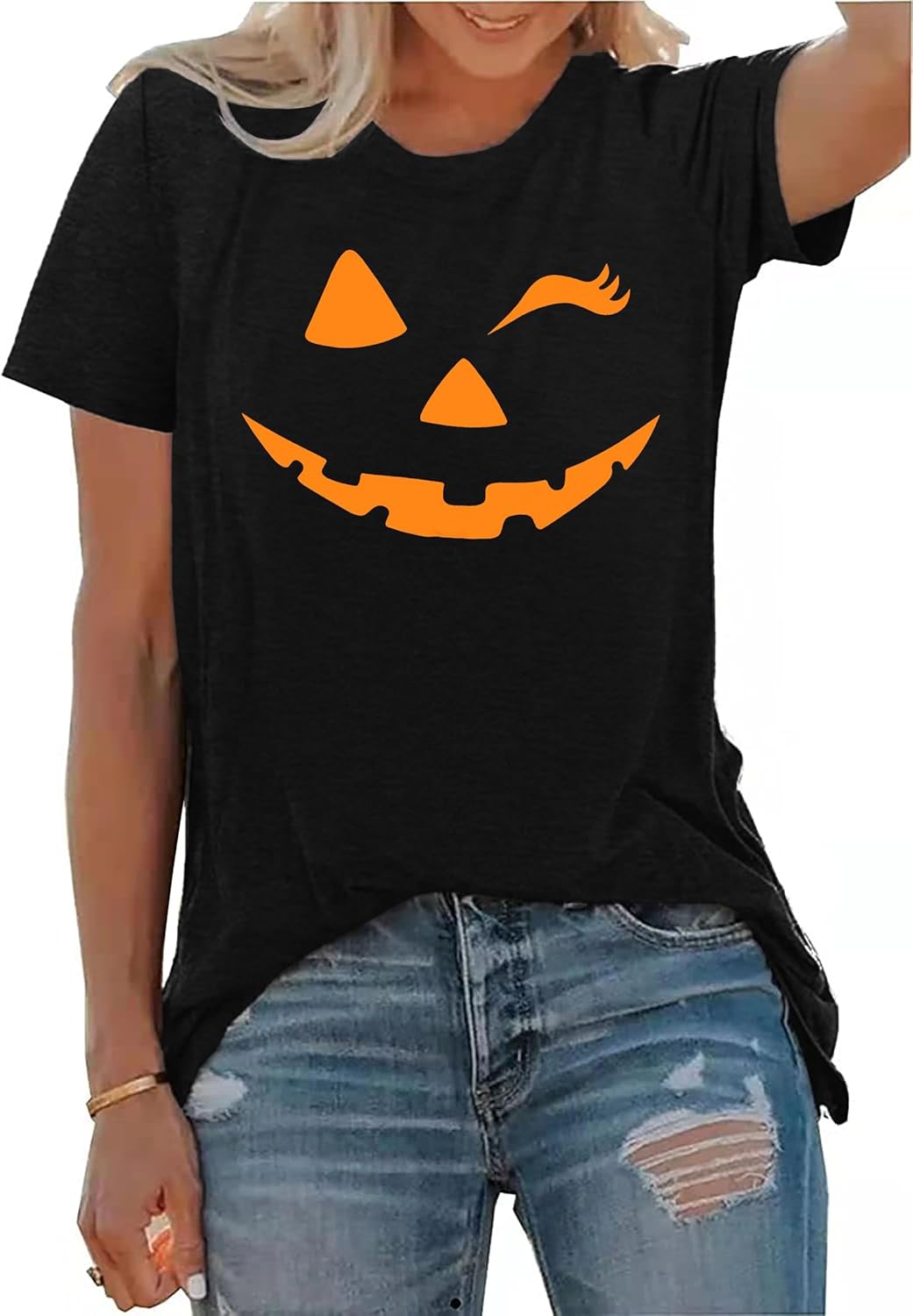 Damen Halloween KüRbisgesicht T-Shirt Frauen KüRbis Shirt Herbst Karneval Shirts M Schwarz, M Schwar