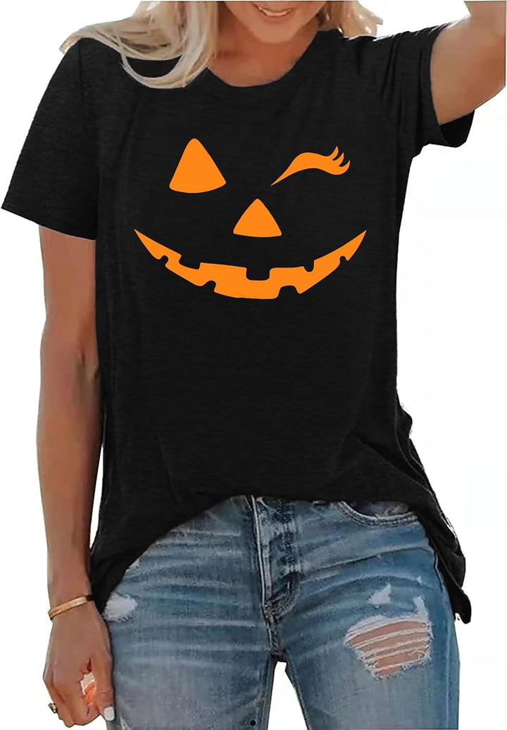 Damen Halloween KüRbisgesicht T-Shirt Frauen KüRbis Shirt Herbst Karneval Shirts M Schwarz, M Schwar