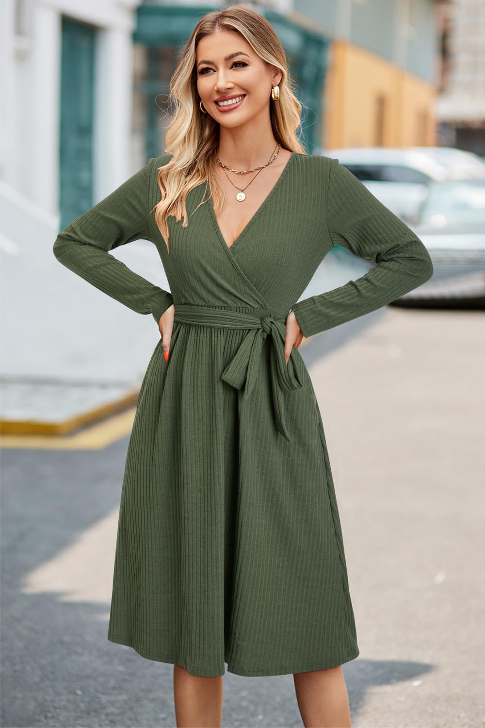 Newshows Strickkleid Damen Herbstkleid V Ausschnitt Pulloverkleid Winterkleid Kleid mit Taschen für