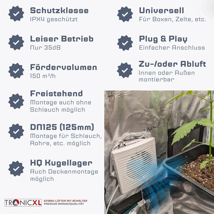 125mm Abluft/Zuluft Grow Lüfter Ventilator mit Netzstecker und Schalter für Homebox Growbox Growschr