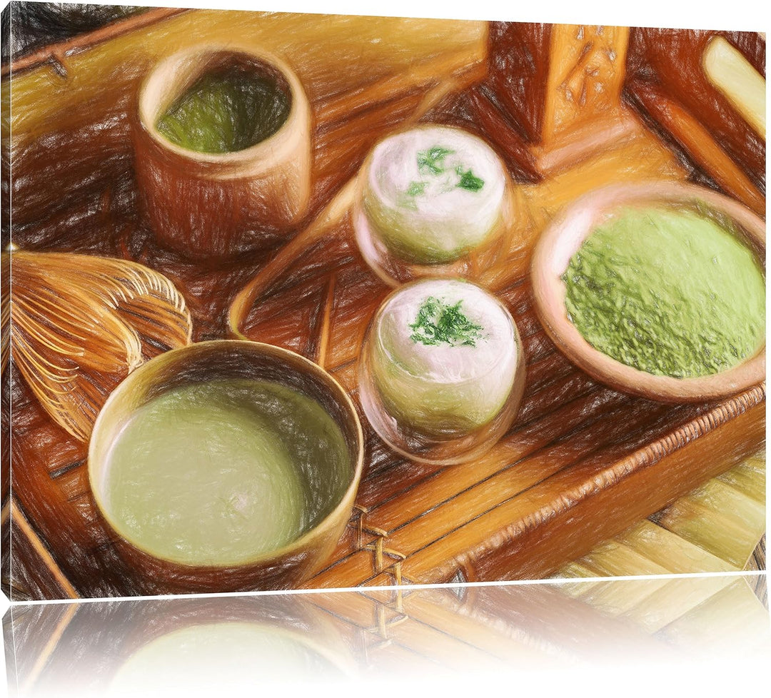 Pixxprint schön dekorierter Matcha Tee als Leinwandbild/Grösse: 100x70 / Wandbild/Kunstdruck/fertig