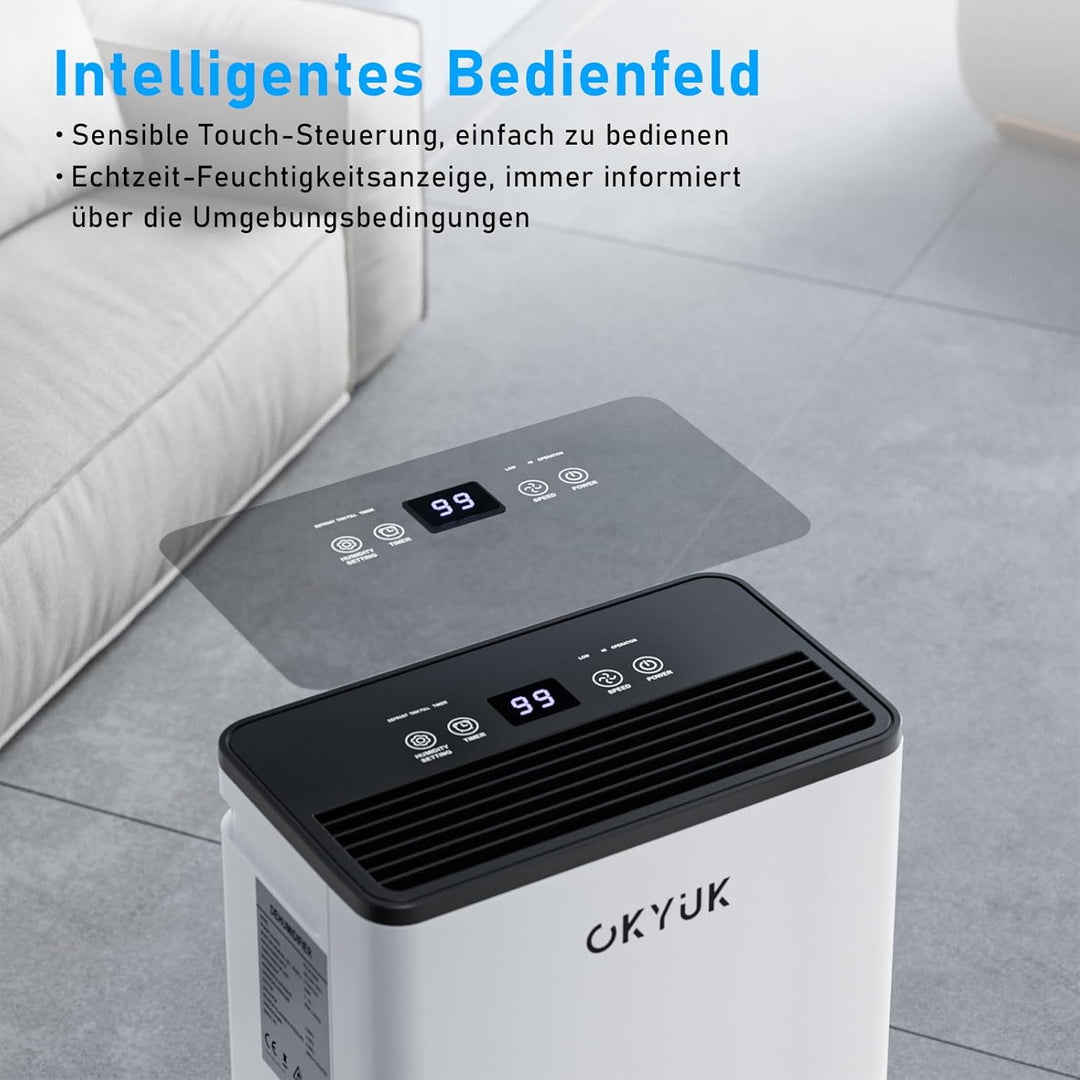 OKYUK Luftentfeuchter Elektrisch 12L mit Digitaler Luftfeuchtigkeitsanzeige, 32dB Leiser 30m², mit a