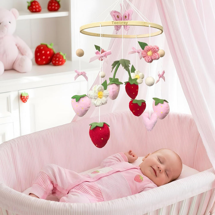 Mobile Baby mit Erdbeere, Blumen und Filzbällen Mädchen baby mobile windspiel für Babybett, Mobile B