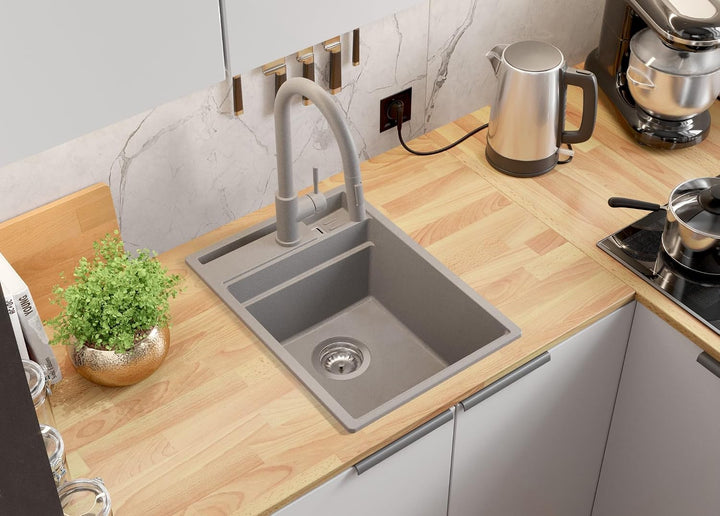 PRIMAGRAN Spülbecken Alles Weiss - Oslo Pocket, 38x53cm | Granitspüle 1 Becken + Ablauf-Set, Küchens