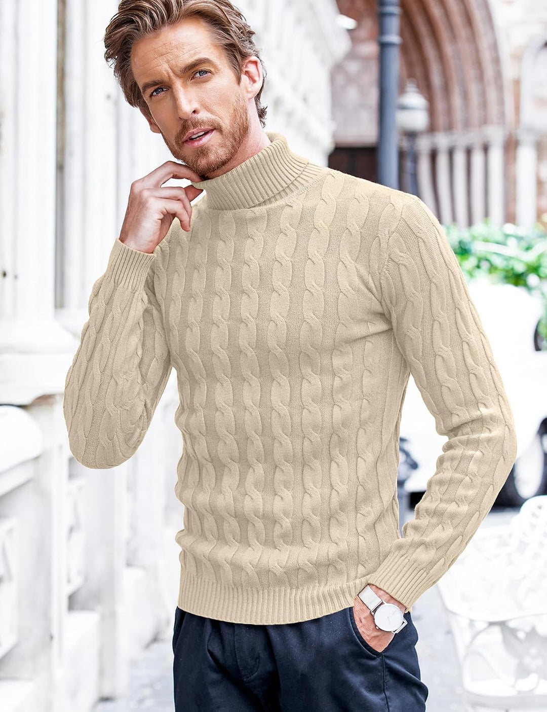 COOFANDY Herren Rollkragen Pullover Basic Strickpullover Zopfmuster Sweatershirt Männer Pullover Swe