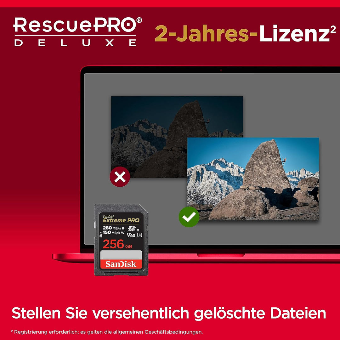 SanDisk Extreme PRO SDXC UHS-II Speicherkarte V60 256 GB (280 MB/s, 6K, 4K UHD, U3, C10, Rescue PRO