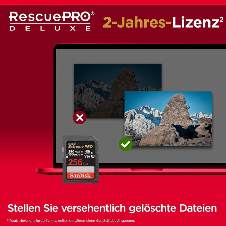 SanDisk Extreme PRO SDXC UHS-II Speicherkarte V60 256 GB (280 MB/s, 6K, 4K UHD, U3, C10, Rescue PRO
