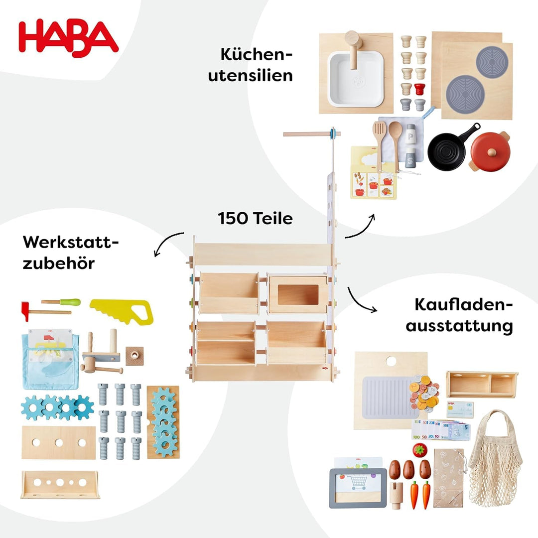 HABA Creative Play 3 in 1 - Spielküche, Kaufladen & Werkstatt für Kinder ab 3 Jahren - Werkzeugloser