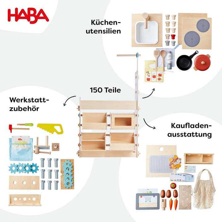 HABA Creative Play 3 in 1 - Spielküche, Kaufladen & Werkstatt für Kinder ab 3 Jahren - Werkzeugloser